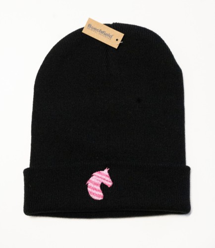 Zimowa czapka beanie z różowym haftem KOŃ, z koniem - na prezent
